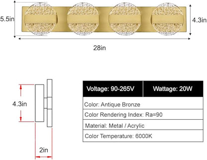 Luxury Brushed Gold Bathroom Vanity Light with High CRI 90+ LED for True Colors, 20W 6000K Cool White Modern Bathroom Lights Fixture Over Mirror for Makeup & Shaving