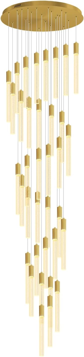 Extra Long Crystal Chandelier for High Ceiling, 36-Light Gold Crystal Column Chandeliers, Modern Dimmable LED Light Fixtures for Foyer, Staircase, Hotel Lobby