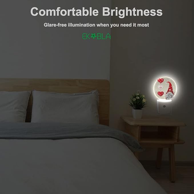EKOBLA Valentine's Day Gnome Plug-in Night Light, Red Heart & Snowflake LED Nightlight with Auto Sensor, Gift for Men, Women & Kids