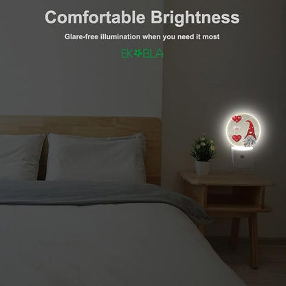 EKOBLA Valentine's Day Gnome Plug-in Night Light, Red Heart & Snowflake LED Nightlight with Auto Sensor, Gift for Men, Women & Kids