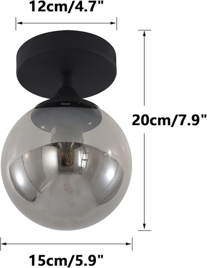 KCO Lighting Mid Century Modern Black Semi Flush Mount Ceiling Light Smoke Grey Globe Glass Ceiling Light Industrial Hallway Close to Ceiling Lights for Porch Bedroom Living Room