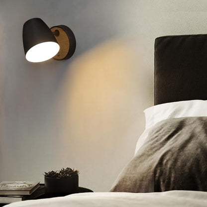 Hardwired Wall Sconce with Switch,Modern Black and Wood Wall Lights for Bedroom with 350°Rotation Metal Shade,Indoor E26 Wall Lamp for Living Room,Dining Room,Hallway,Stairway,Wall Decor