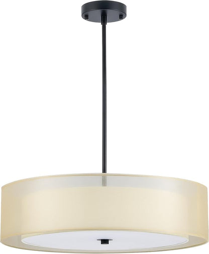 VONLUCE 3-Light Drum Chandeliers, 20" Pendant Light Fixture with 2-Layer Fabric Shade E26 Bases, Adjustable Swivel Joint Hanging Light Fixture for Bedroom Living Room Kitchen Hallway, Matte Black