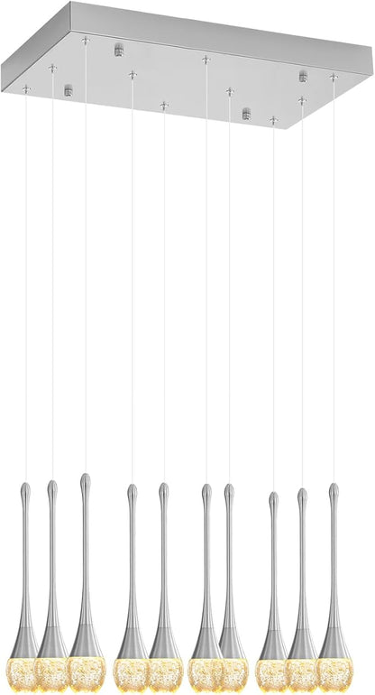 ykolupty Rectangular Chandeliers for Living Room Silver Dining Room Lights Fixture Raindrop Pendant Lights Kitchen Island Crystal Chandelier for Staircase Hallway Foyer Entryway