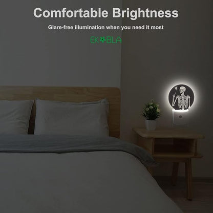EKOBLA Skull Plug-in Night Light, Rock Music Pose Skeleton LED Nightlight with Auto On/Off for Halloween Holiday Gifts