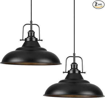 Black Pendant Light Kitchen Island,16 Inch Large Industrial Pendant Lights, Matte Black Pendant Lights, Vintage Farmhouse Pendant Light for Kitchen Island, Dining Room, Hallway (2 Pack)