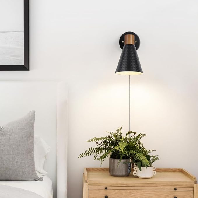 Black Plug in Wall Sconces Set of 2, Modern Bedroom Wall Light with on/off Cord, Wooden Plug Sconce with Hammered Metal Shade, Corded Wall Sconce Light for Decor Bedroom, Living Room, Hallway