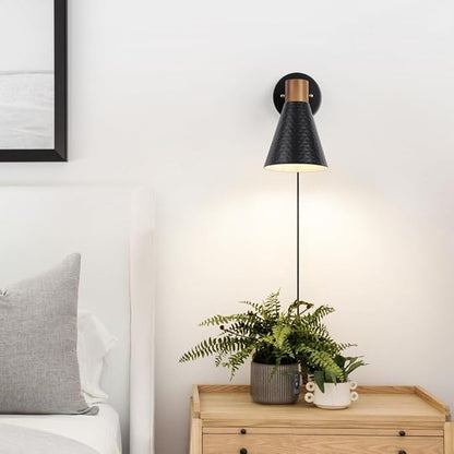 Black Plug in Wall Sconces Set of 2, Modern Bedroom Wall Light with on/off Cord, Wooden Plug Sconce with Hammered Metal Shade, Corded Wall Sconce Light for Decor Bedroom, Living Room, Hallway