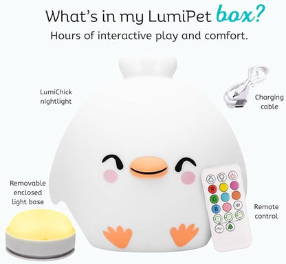 Lumipets Clara the Chick Squishy Silicone Night Light for Kids | Cute Night Light with Remote & Touch Control for Baby & Toddler Bedrooms | Color Changing Portable Animal Nightlight | Soft Mood Lamp