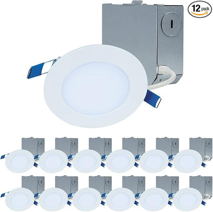 HALO HLBE 4 in LED Canless Recessed Lights 12-Pack, 3000K, 600 Lumens, Wet Location, Dimmable, Ultra-Slim 1/2 in Profile Ceiling Downlights for New Construction and Remodel - HLBE4069301EMWR-12PK