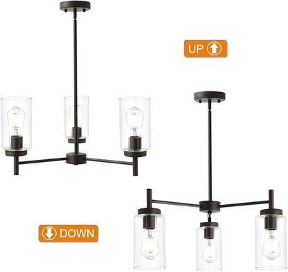 Contemporary 3-Light Chandeliers Rustic Clear Glass Shades Pendant Lighting Oil Rubber Bronze Dining Room Lighting Fixtures Hanging Adjustable Wire Semi Flush Ceiling Lights