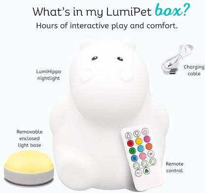 LumiPets Honey the Hippo Silicone Night Light for Kids | Squishy Lamp with Tap & Remote Control | Rechargeable, 9 Color Changing Animal Night Light for Boys & Girls | Portable Nightlight With USB Cord