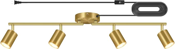 Track Lighting Plug in, LED Track Lighting Fixtures Ceiling Kit, Gold 4-Light Ceiling Light Plug-in, Wall Light with 14.8ft Power Cord, Rotatable Kitchen Spotlight for Bedroom(GU10 Socket, NO Bulb)