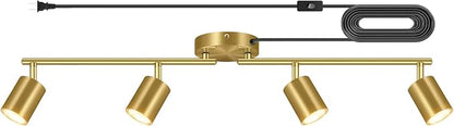 Track Lighting Plug in, LED Track Lighting Fixtures Ceiling Kit, Gold 4-Light Ceiling Light Plug-in, Wall Light with 14.8ft Power Cord, Rotatable Kitchen Spotlight for Bedroom(GU10 Socket, NO Bulb)