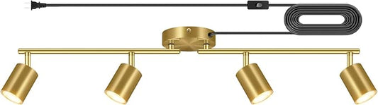 Track Lighting Plug in, LED Track Lighting Fixtures Ceiling Kit, Gold 4-Light Ceiling Light Plug-in, Wall Light with 14.8ft Power Cord, Rotatable Kitchen Spotlight for Bedroom(GU10 Socket, NO Bulb)