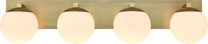 Gold Bathroom Vanity Light Fixtures, 4-Light Globe Bathroom Lighting Fixtures Over Mirror, Modern Wall Lights for Living Room, Long Backplate, Standard E26 Base, Aged Brass