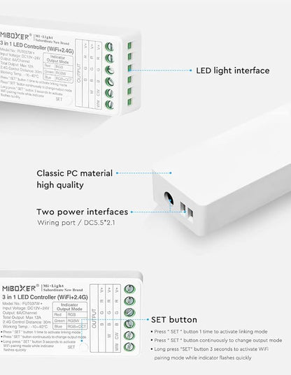 LGIDTECH FUT037W+ Miboxer 3 in 1 LED Strip Light Controller DC12-24V,Smartphone APP Control Directly,Compatible with Amazon Echo Alexa Google Home Voice Control