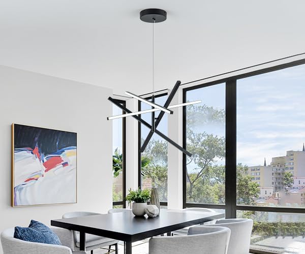 Modern LED Chandelier Linear Pendant Light Dimmable 4 Lights Linear Chandelier 3000K,4000K,6000K Hanging Pendant Lighting for Kitchen Island Living Dining Room Restaurant Office (Black)