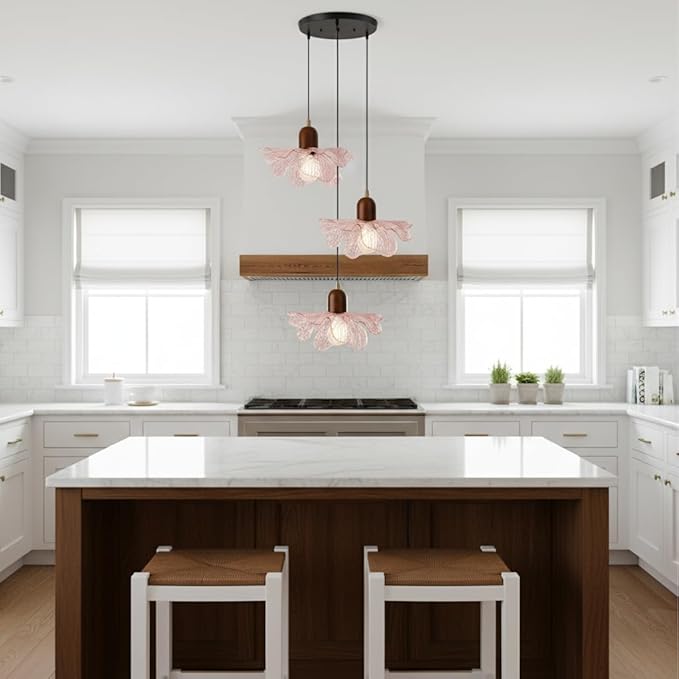 3-Light Pink Flower Glass Pendant Light, Mid-Century Modern Chandelier, Adjustable Hanging Ceiling Light Fixture for Dining Room, Kitchen Island, Bedroom, Living Room, Restaurant, Cafe