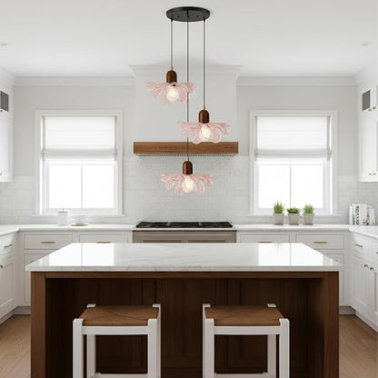 3-Light Pink Flower Glass Pendant Light, Mid-Century Modern Chandelier, Adjustable Hanging Ceiling Light Fixture for Dining Room, Kitchen Island, Bedroom, Living Room, Restaurant, Cafe