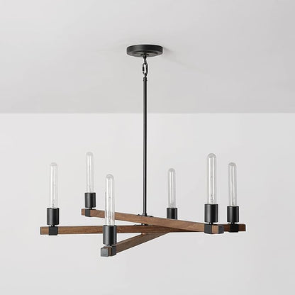 GLOBE Electric 60546 Walken 6-Light Chandelier, Matte Black, Faux Wood Accents, Bulb Not Included