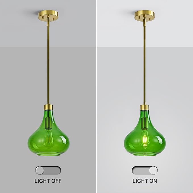 Modern Glass Pendant Light 9.44 in Green Glass Shade Gold Farmhouse Island Pendant Lights for Kitchen Pendant Lighting Over Sink Bedroom Dining Room