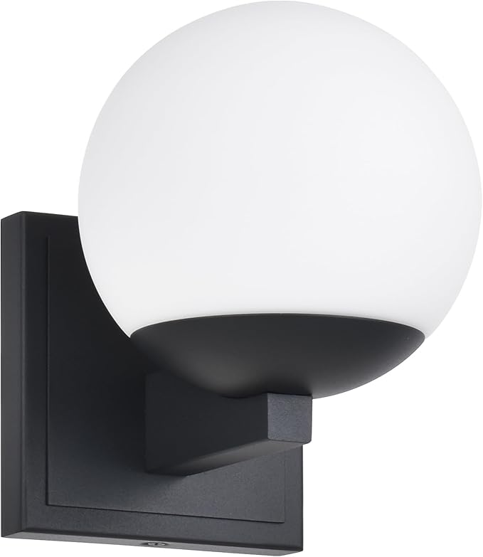 Textured Black Wall Sconce Light, Modern Sconces Wall Lighting, 1 Light Globe Bathroom Vanity Lighting with Opal Glass Shade, Wall Light for Bedroom Bathroom Living Room Entryway Hallway