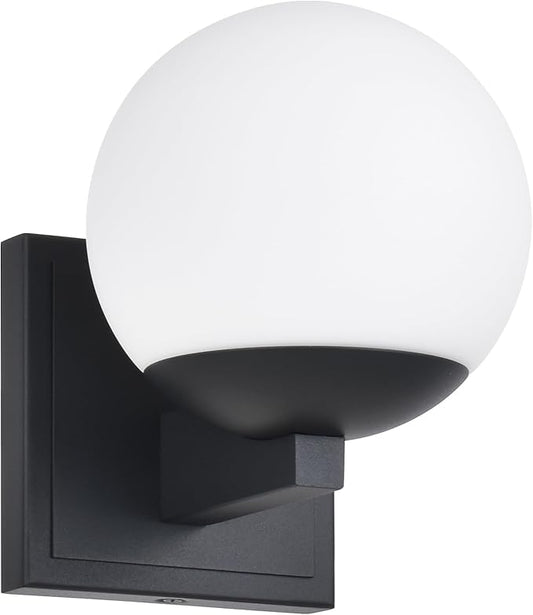 Textured Black Wall Sconce Light, Modern Sconces Wall Lighting, 1 Light Globe Bathroom Vanity Lighting with Opal Glass Shade, Wall Light for Bedroom Bathroom Living Room Entryway Hallway