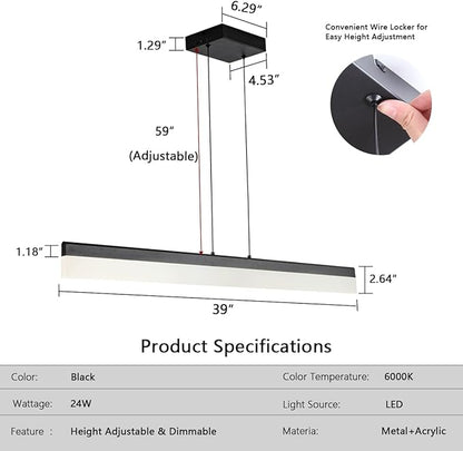 Black Wood LED Kitchen Island Lighting, 39 Inch LED Linear Pendant Light, Dimmable Ceiling Hanging Chandeliers for Dining Room Living Room Bar Pool Table 24W, Modern Farmhouse Fixture, 6000K