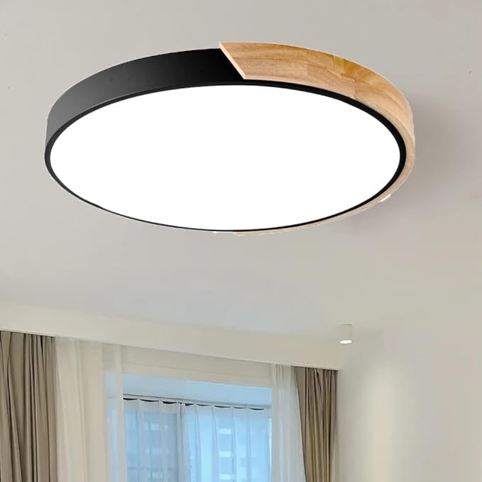 LED Ceiling Light Fixture,16 Inch Modern Wood Recessed Ceiling Lights, Dimmable Light,Black 24W Close to Ceiling Lighting Flush Mount Living Room Bedroom,3000K-6000K