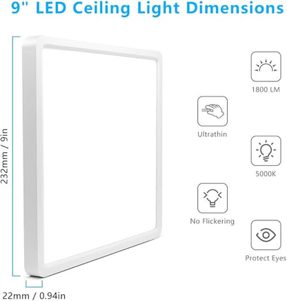 9Inch 18W Square LED Ceiling Light Fixtures Flush Mount, 5000K Daylight White LED Ceiling Lamp, Surface Mount Modern Ceiling Lights, Slim Flat Panel Lighting for Bedroom, Kitchen, Bathroom Etc.