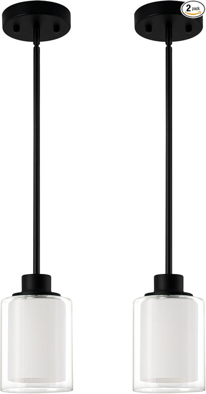 1-Light Mini Pendant Light Fixtures, 2-Pack Modern Hanging Ceiling Lighting, Adjustable Height, Black Pendant Lamp with Dual Glass for Kitchen Island Bedroom