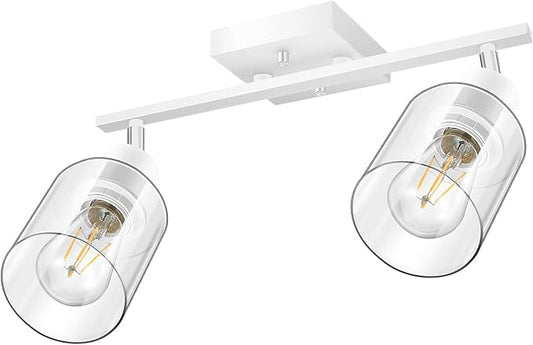 BoostArea White LED 2 Light Track Lighting Kit, 2 Way Ceiling Spot Lighting with Glass Lampshade, Flexibly Rotatable Light Head for Kitchen, Living Room, Bedroom, Bulb Not Included