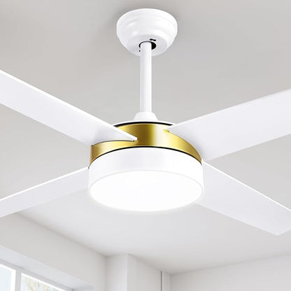 YITAHOME 52 Inch White Gold Ceiling Fans with Light and Remote, Dimmable Fan for Indoor, Modern Wood LED Fan with Quiet Reversible Motor, Memory Function, for Bedroom, Living Room
