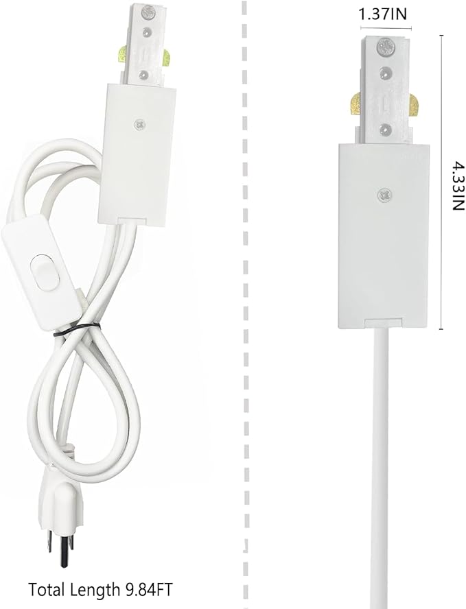 White Track Lighting Live End Cord Kit, 9.84FT H Track Live End Feed Connector, Suitable for H Type Single Circuit 3-Wire-1 Track Lighting Systems