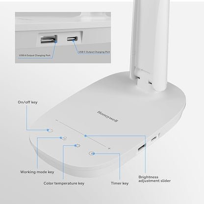 Honeywell HWT-H2 LED Desk Lamp, CRI94 Full Spectrum Eye-Caring Table Light, Foldable Dimmable 4 Color Modes with USB A+C Charging Ports for Home Office Bedroom Reading Study Work (White)