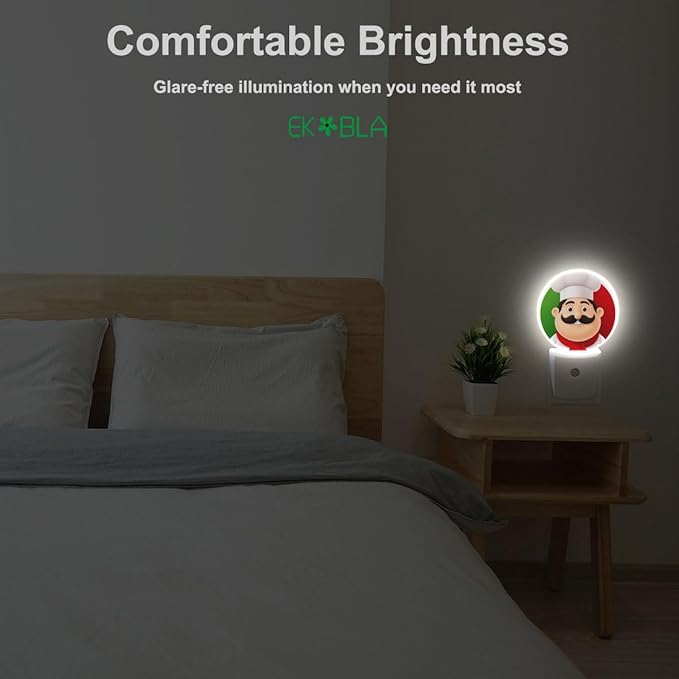 EKOBLA Italian Chef Plug-in Night Light, Cute Cartoon Chef LED Nightlight with Auto Sensor for Holiday Gifts