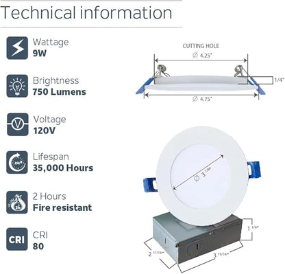 Nadair 6-Pack, 4 inches LED Ultra Slim Recessed Lights, 9W, 750 Lumens, 4000K (Cool White), White and Black Trim Included, Dimmable, IC Rated, ETL Certified