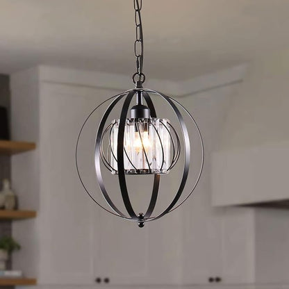 FRIXCHUR Black Crystal Pendant Light, Adjustable Hanging Light Fixture with Pumpkin-Shaped Crystal Shade, E26 Base Metal Lantern Pendant Ceiling Light for Kitchen Island, Dining Room, Entryway, Foyer