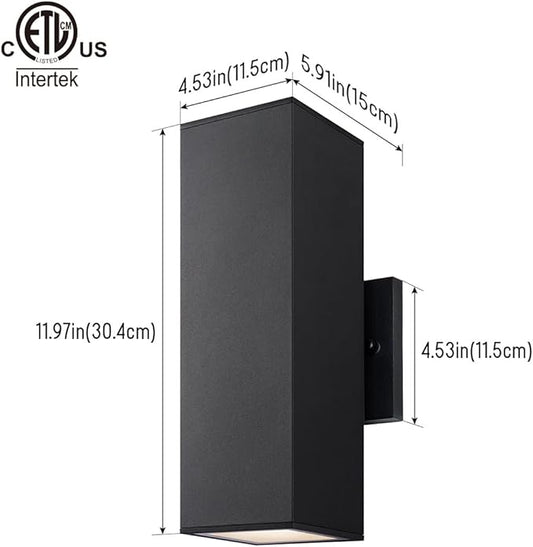 mirrea Modern Outdoor Porch Light Patio Light in 2 Lights with Aluminum Rectangular Tube and Tempered Glass Cover Waterproof Wall Sconce (Matte Black)