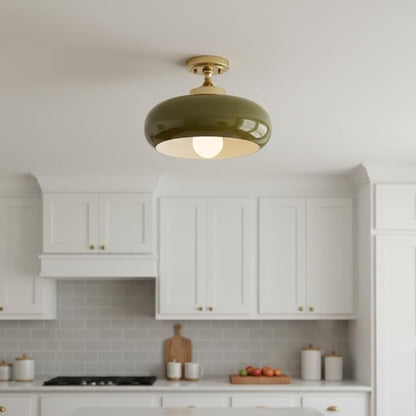Dark Green Semi Flush Mount Ceiling Light Fixture, 11.02" Mid Century Modern Gold Close to Ceiling Light Fixture, Vintage Retro Ceiling Lamp for Bedroom Hallway Kitchen Entryway