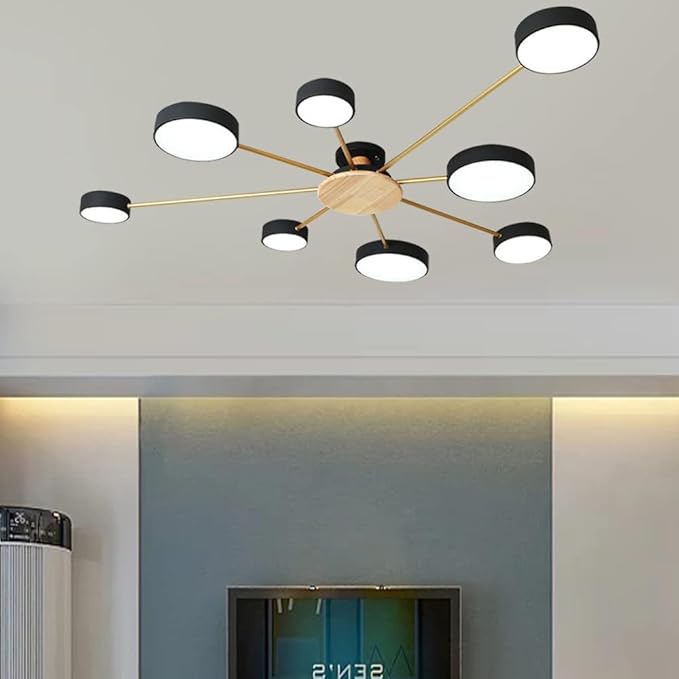 8-Lights LED Ceiling Light Fixture,48 Inch Modern Ceiling Lights Flush Mount Wooden 64W Dimmable Chandelier for Living Room Bedroom Kitchen,3000K/4000K/6000K Black