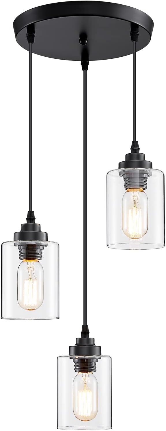 SKEJAO 3-Light Pendant Lighting,3 Pendant Light Fixture for Kitchen Island,Dining Lamp Ceiling Hanging,with Adjustable Cord and Glass Shade for Farmhouse Living Dining Room Bar,Black