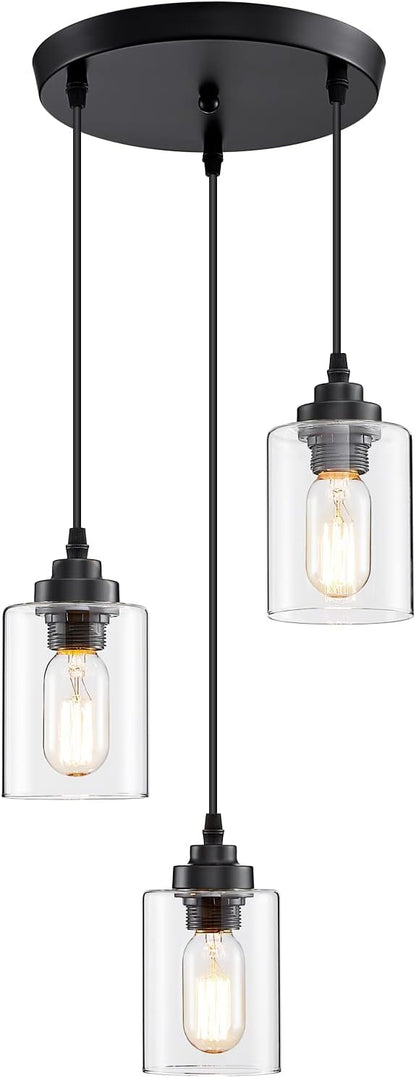 SKEJAO 3-Light Pendant Lighting,3 Pendant Light Fixture for Kitchen Island,Dining Lamp Ceiling Hanging,with Adjustable Cord and Glass Shade for Farmhouse Living Dining Room Bar,Black
