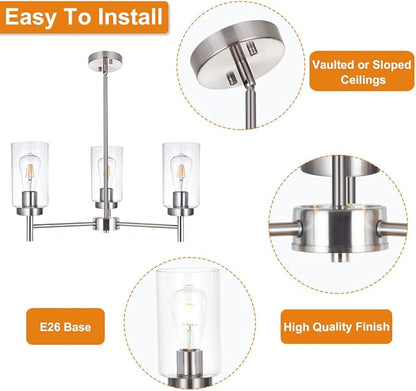 3 Lights Modern Chandeliers Metal Light Fixtures Ceiling Brushed Nickel Industrial Pendant Lighting for Dinging Room Living Room Kitchen Bedroom Hallway