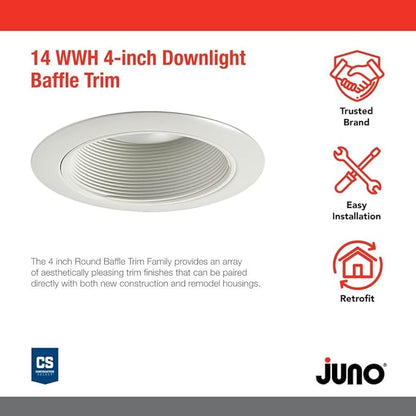 Juno 4-Inch Round Baffle Recessed Lighting Trim, Glare-Reducing Snap-in Trim for Can Lights, Fits IC1, TC1, TC1R Housings, White Finish