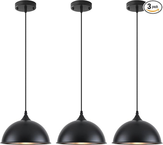 9.8 inch Farmhouse Pendant Lights Kitchen Island 3 Pack, Matte Black Dome Pendant Lights, Industrial Kitchen Pendant Lighting, Island Lights for Kitchen, Dining Room