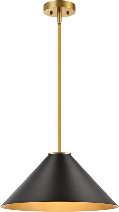 15.7 Inch Modern Pendant Lights Kitchen Island, Black and Gold 1-Light Single Pendant Lighting Fixtures, Metal Cone Farmhouse Ceiling Hanging Light for Dining Room Over Sink Table Hallway