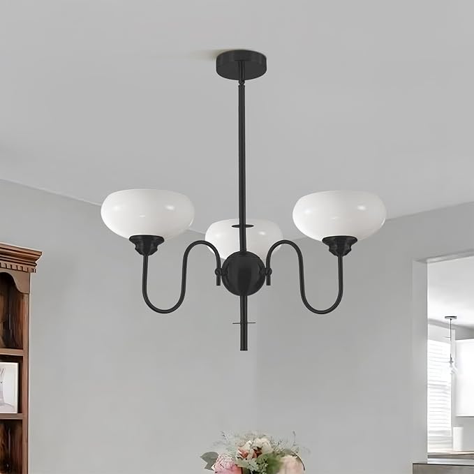 BOKT 3 Light French Chandeliers for Dining Room, Black Farmhouse Chandelier for Bedroom, Small Chandelier with Milk White Bowl Glass Shades