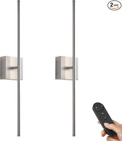 KARTOOSH Battery Operated Wall Sconces with Remote Control, Dimmable Wall Sconces Set of Two, 350°Rotate, 3000K LED Nickel Wireless Wall Light for Living Room, Hallway, Bedroom, 24.4 Inch (2 Pack)